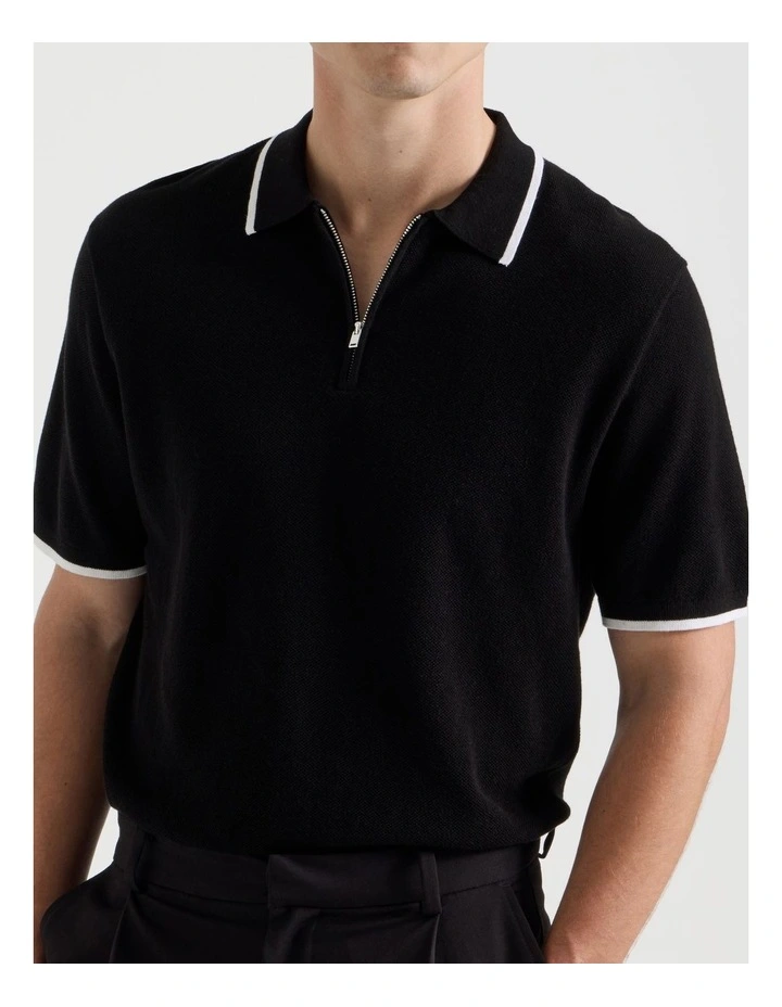 Cotton Silk Blend Zip Short Sleeve Polo in Black image 2