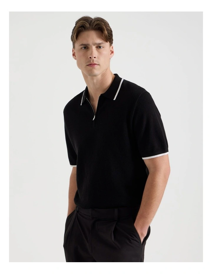 Cotton Silk Blend Zip Short Sleeve Polo in Black image 3