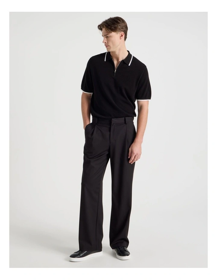 Cotton Silk Blend Zip Short Sleeve Polo in Black image 4