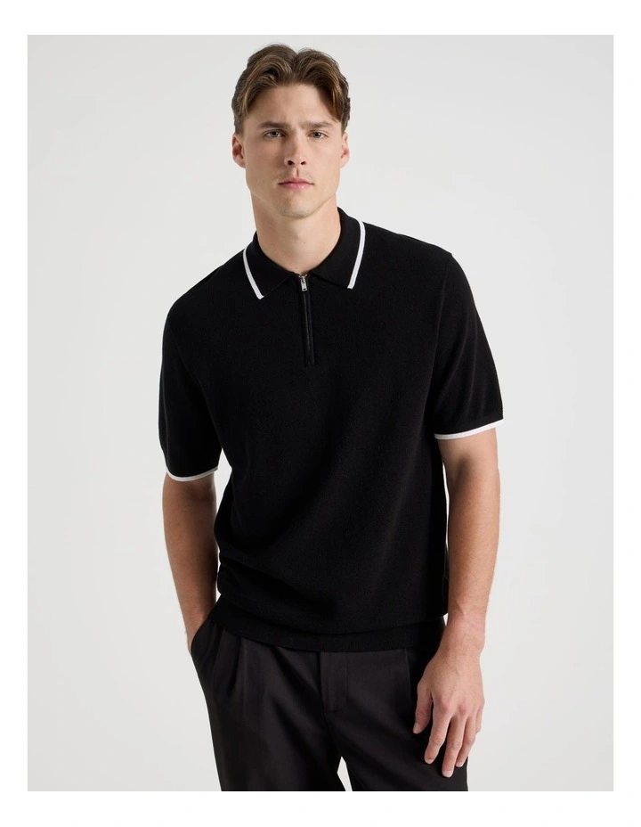 Cotton Silk Blend Zip Short Sleeve Polo in Black image 5
