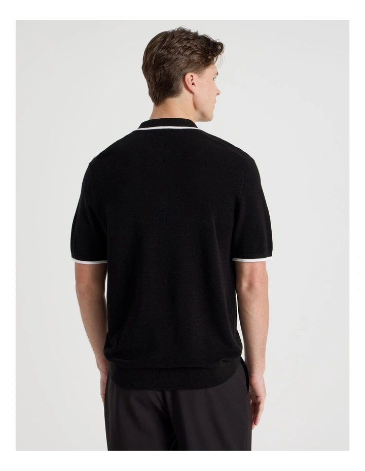 Cotton Silk Blend Zip Short Sleeve Polo in Black image 6