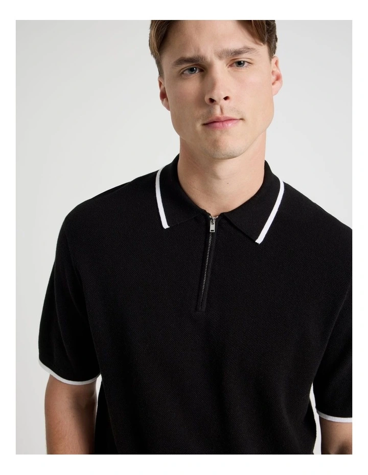 Cotton Silk Blend Zip Short Sleeve Polo in Black image 7