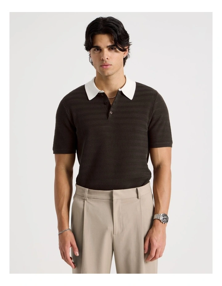 Textured Knit Short Sleeve Polo in Chocolate image 1
