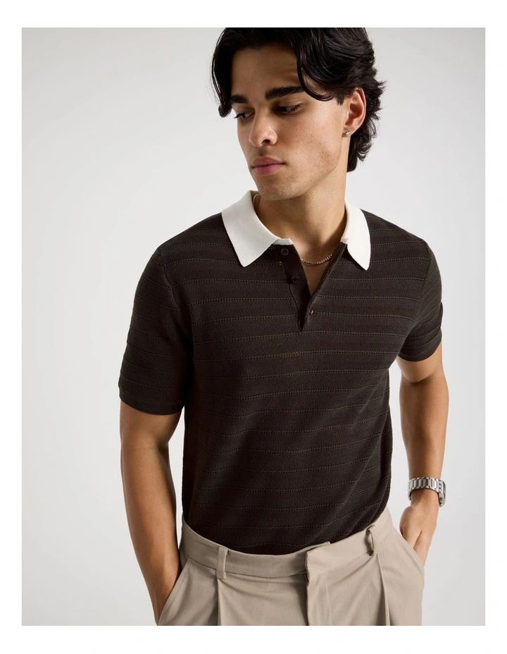 Textured Knit Short Sleeve Polo in Chocolate image 3