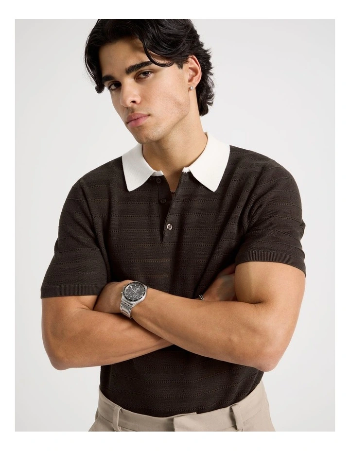 Textured Knit Short Sleeve Polo in Chocolate image 4