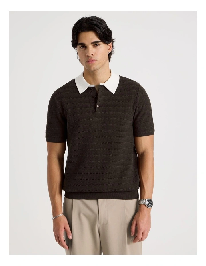 Textured Knit Short Sleeve Polo in Chocolate image 5