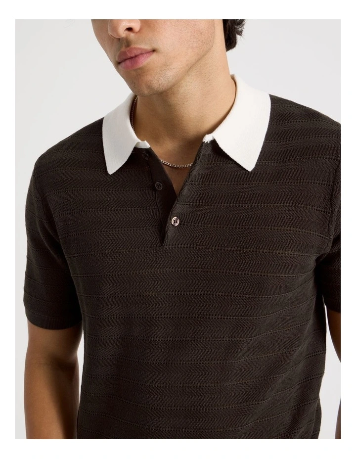 Textured Knit Short Sleeve Polo in Chocolate image 7