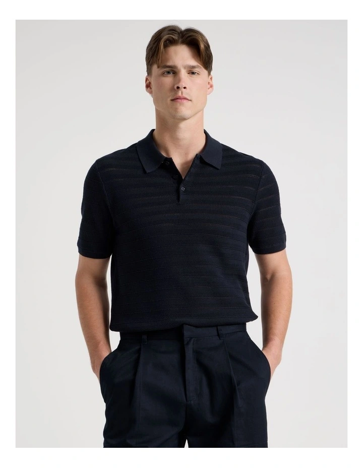 Textured Knit Short Sleeve Polo in Navy image 1