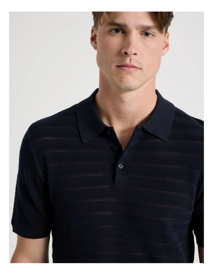 Textured Knit Short Sleeve Polo in Navy image 2