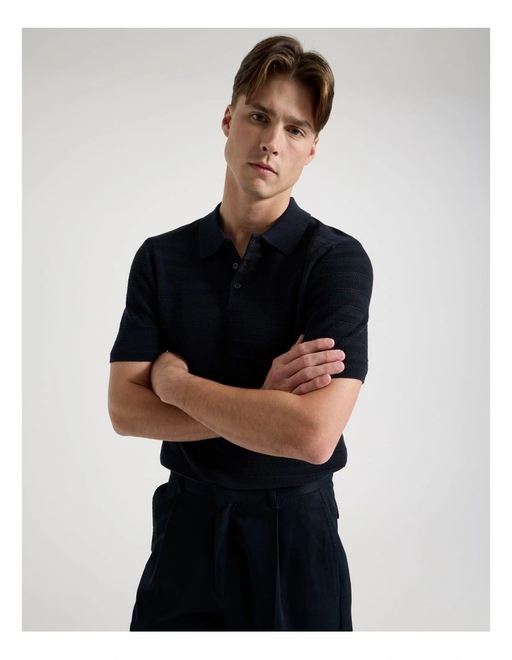 Textured Knit Short Sleeve Polo in Navy image 3