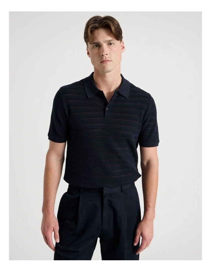 Textured Knit Short Sleeve Polo in Navy image 5