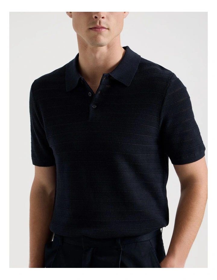 Textured Knit Short Sleeve Polo in Navy image 7