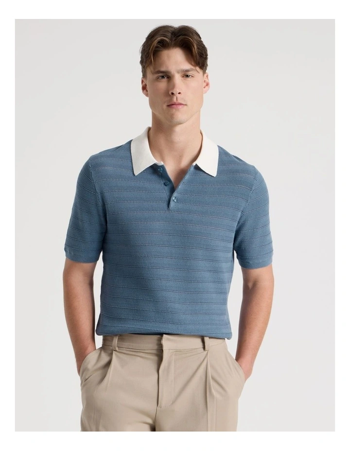 Textured Knit Short Sleeve Polo in Mid Blues image 3