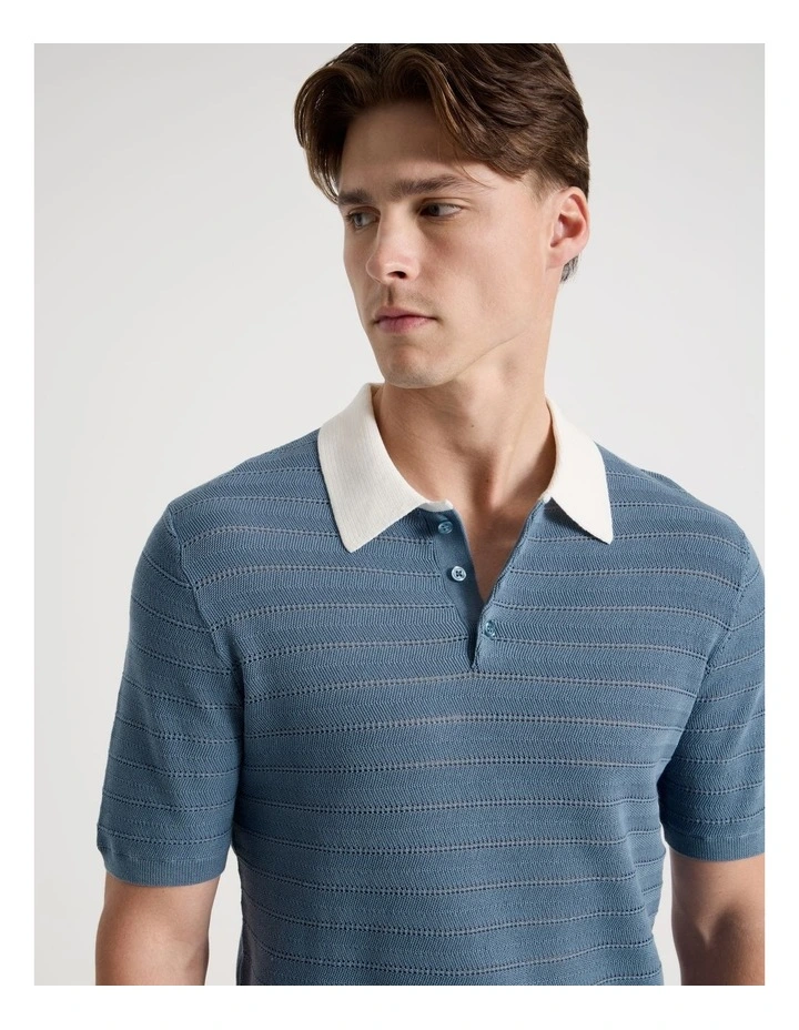 Textured Knit Short Sleeve Polo in Mid Blues image 4