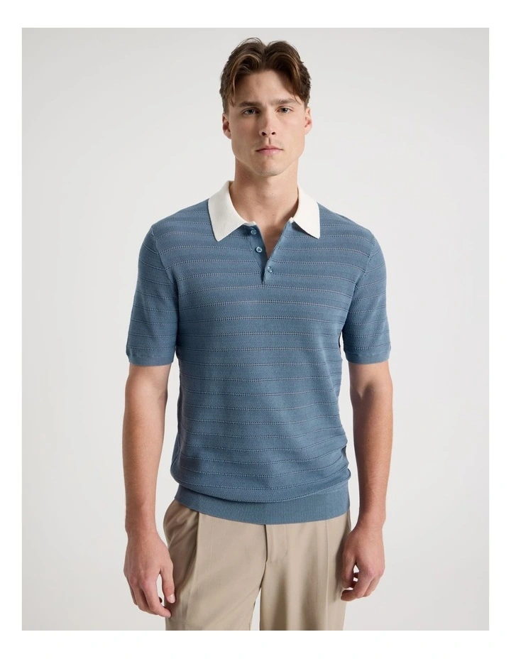 Textured Knit Short Sleeve Polo in Mid Blues image 5