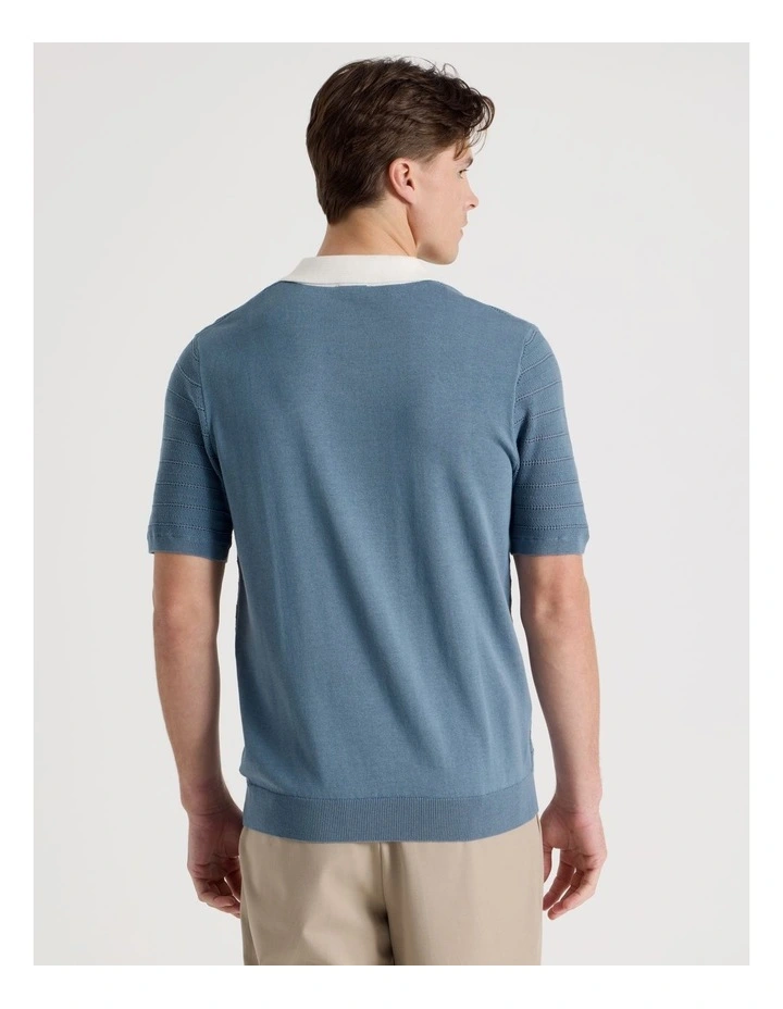 Textured Knit Short Sleeve Polo in Mid Blues image 6