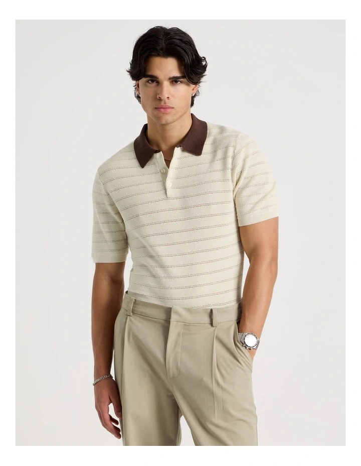 Textured Knit Short Sleeve Polo in Ecru image 1