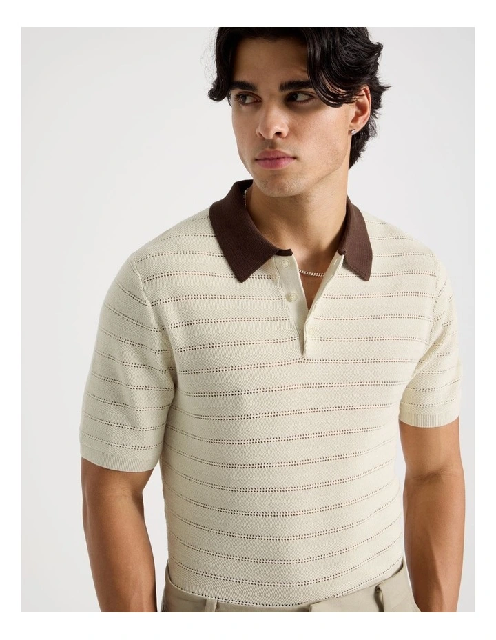 Textured Knit Short Sleeve Polo in Ecru image 3