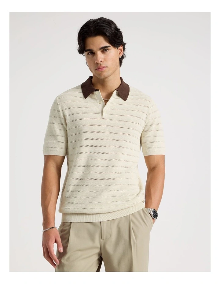 Textured Knit Short Sleeve Polo in Ecru image 4