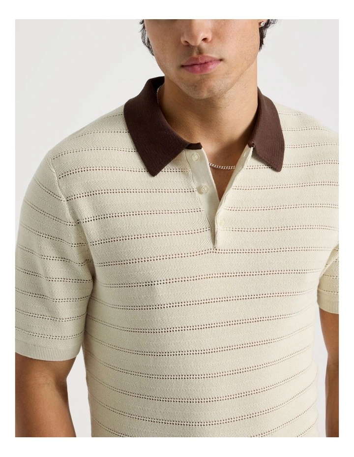 Textured Knit Short Sleeve Polo in Ecru image 6