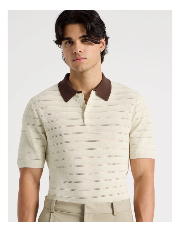 Textured Knit Short Sleeve Polo in Ecru image 7