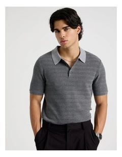 Textured Knit Short Sleeve Polo in Charcoal