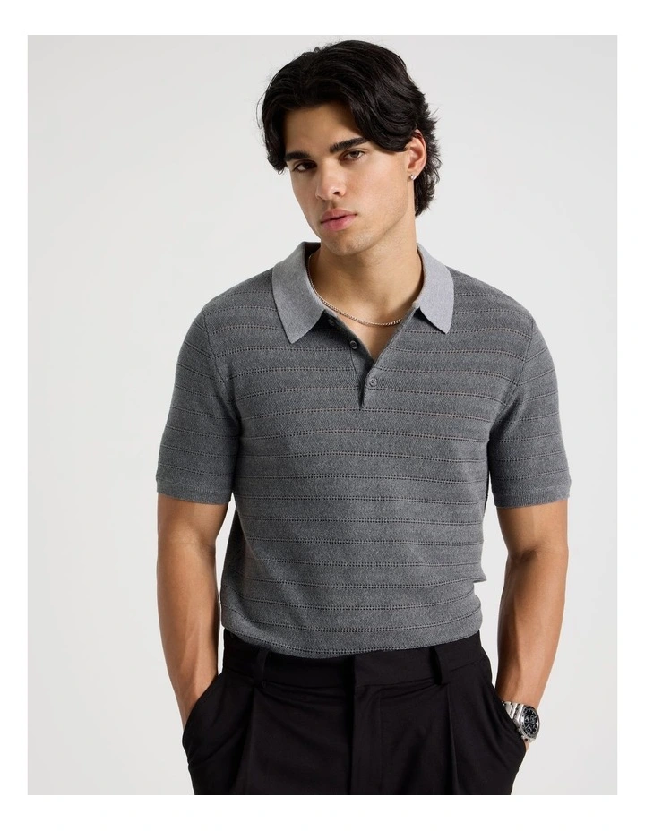 Textured Knit Short Sleeve Polo in Charcoal image 1