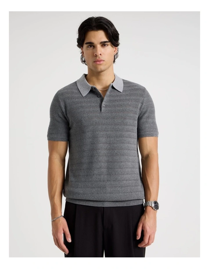 Textured Knit Short Sleeve Polo in Charcoal image 4