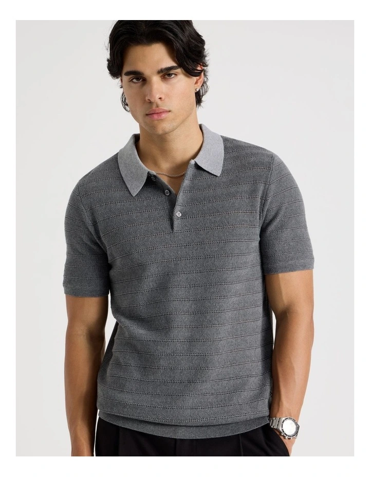 Textured Knit Short Sleeve Polo in Charcoal image 5