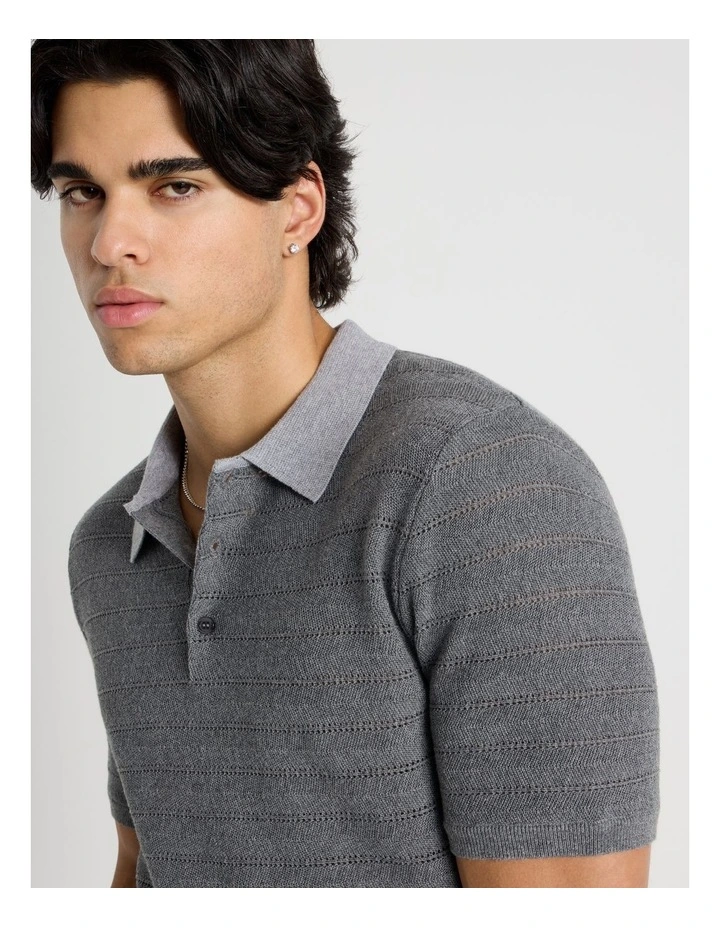 Textured Knit Short Sleeve Polo in Charcoal image 7