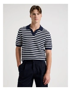 Stripe Open Collar Knit Polo in Navy