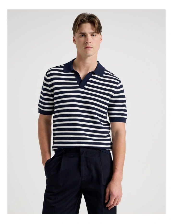 Stripe Open Collar Knit Polo in Navy image 1