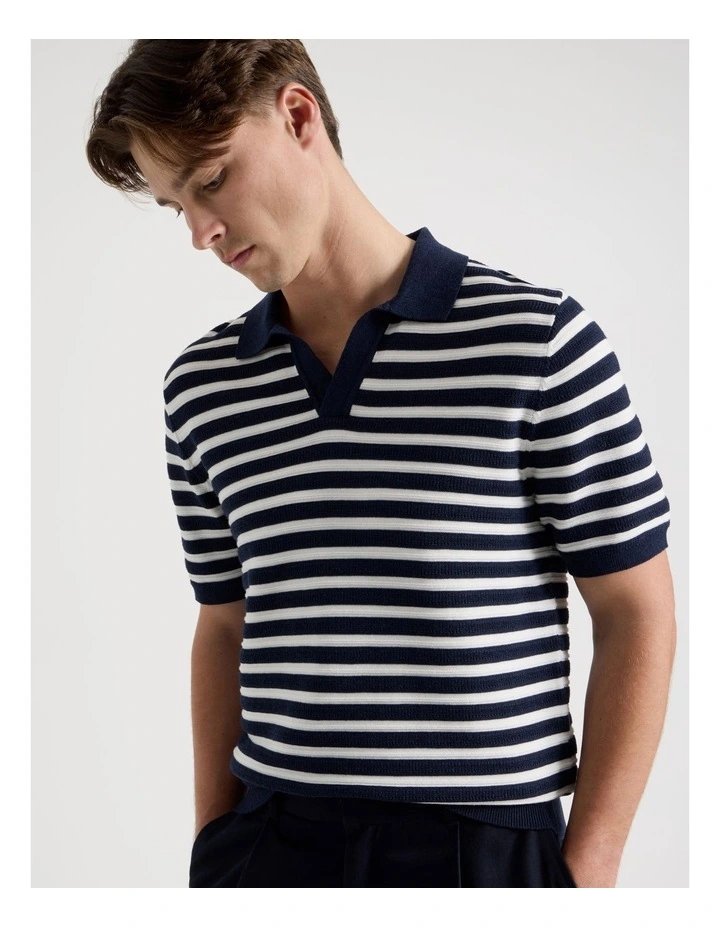 Stripe Open Collar Knit Polo in Navy image 2