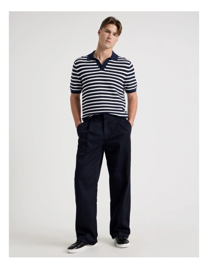 Stripe Open Collar Knit Polo in Navy image 3