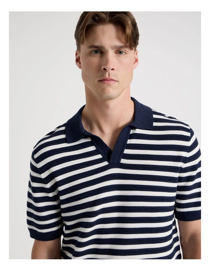 Stripe Open Collar Knit Polo in Navy image 4