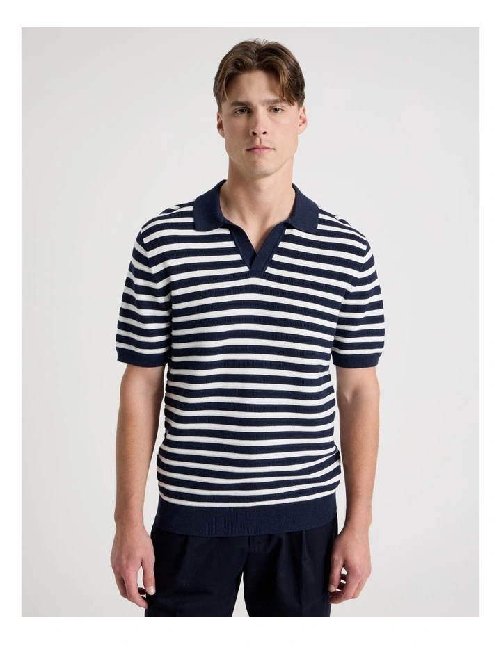 Stripe Open Collar Knit Polo in Navy image 5