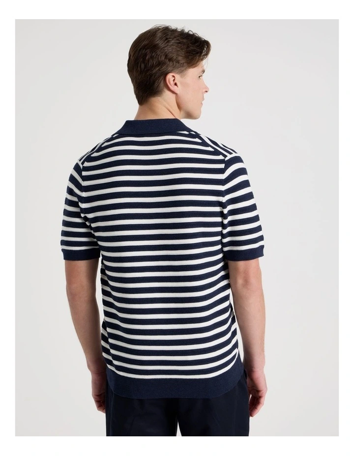Stripe Open Collar Knit Polo in Navy image 6
