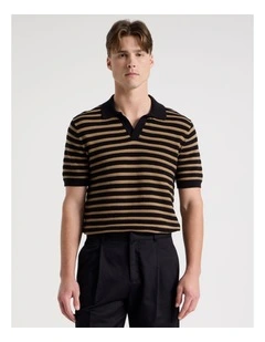 Stripe Open Collar Knit Polo in Black