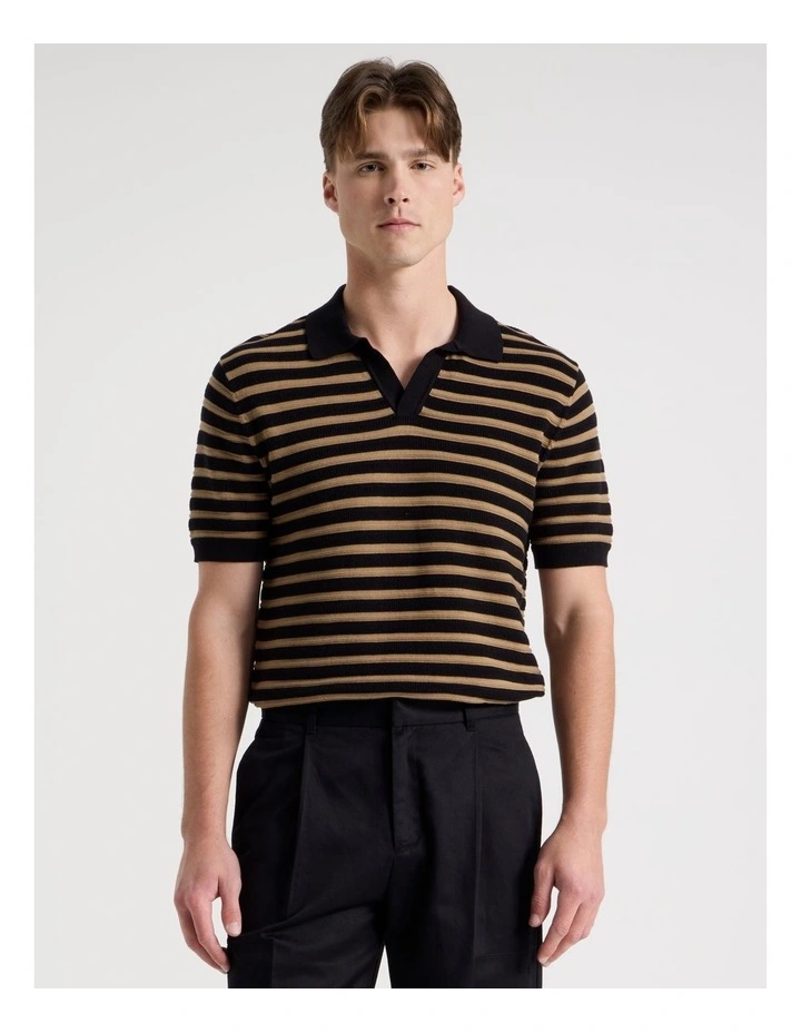 Stripe Open Collar Knit Polo in Black image 1