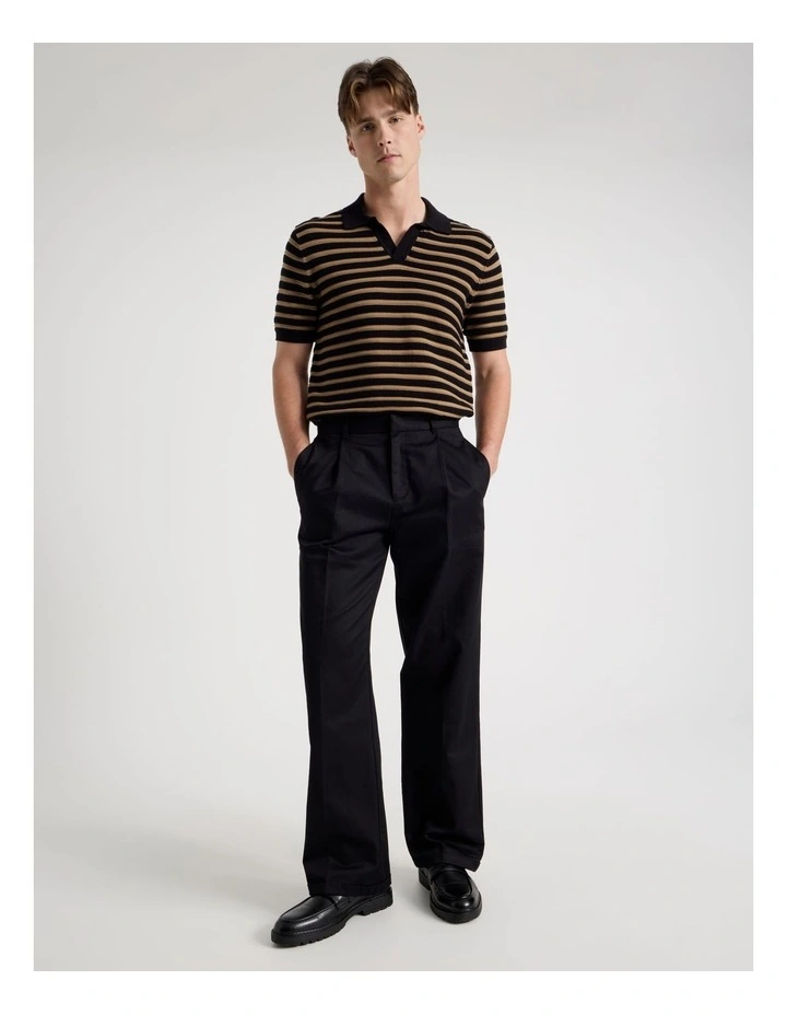 Stripe Open Collar Knit Polo in Black image 2