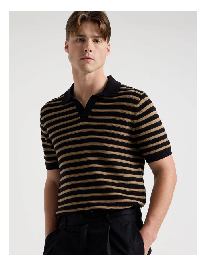 Stripe Open Collar Knit Polo in Black image 3