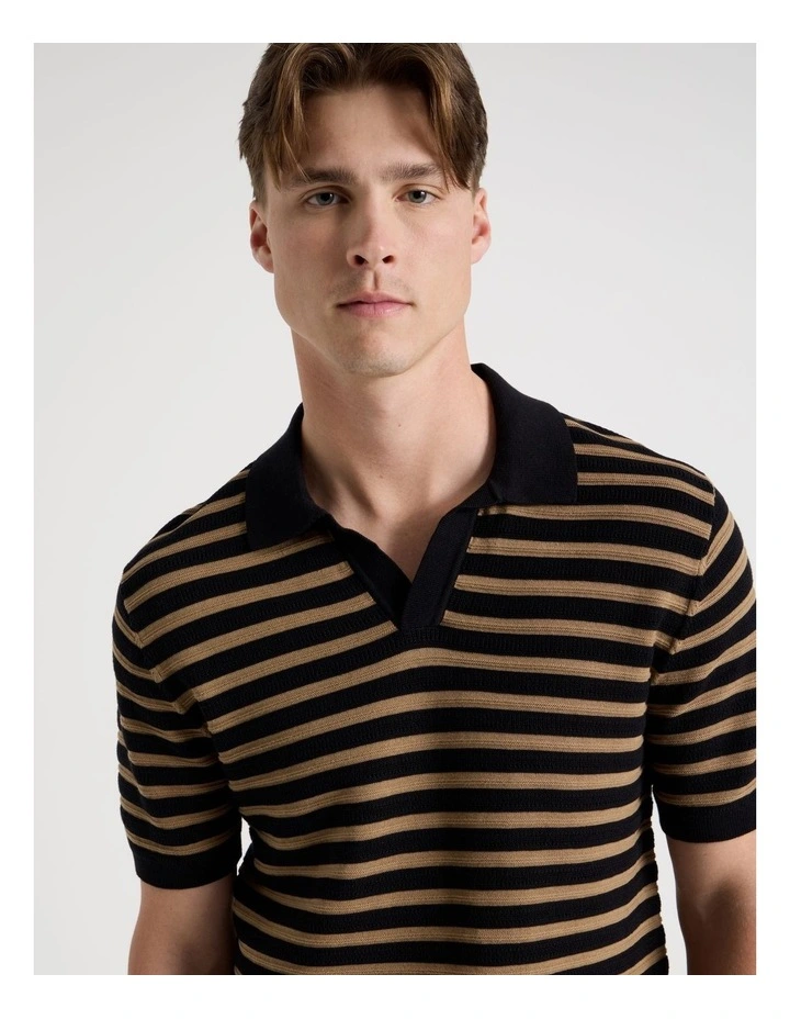 Stripe Open Collar Knit Polo in Black image 4
