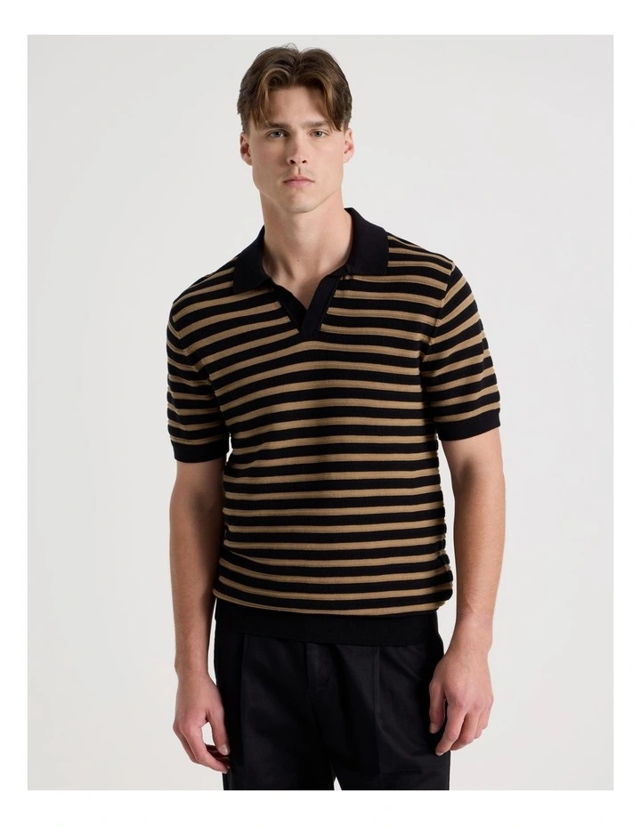 Stripe Open Collar Knit Polo in Black image 5