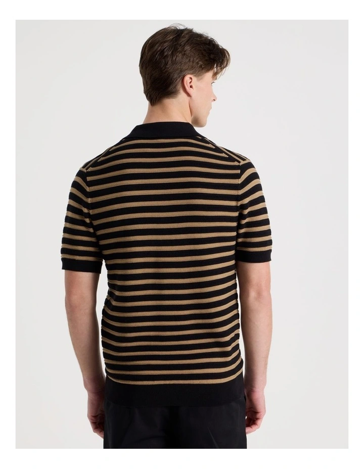 Stripe Open Collar Knit Polo in Black image 6