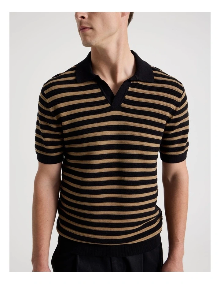 Stripe Open Collar Knit Polo in Black image 7