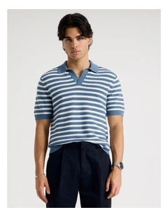 Stripe Open Collar Knit Polo in Mid Blues