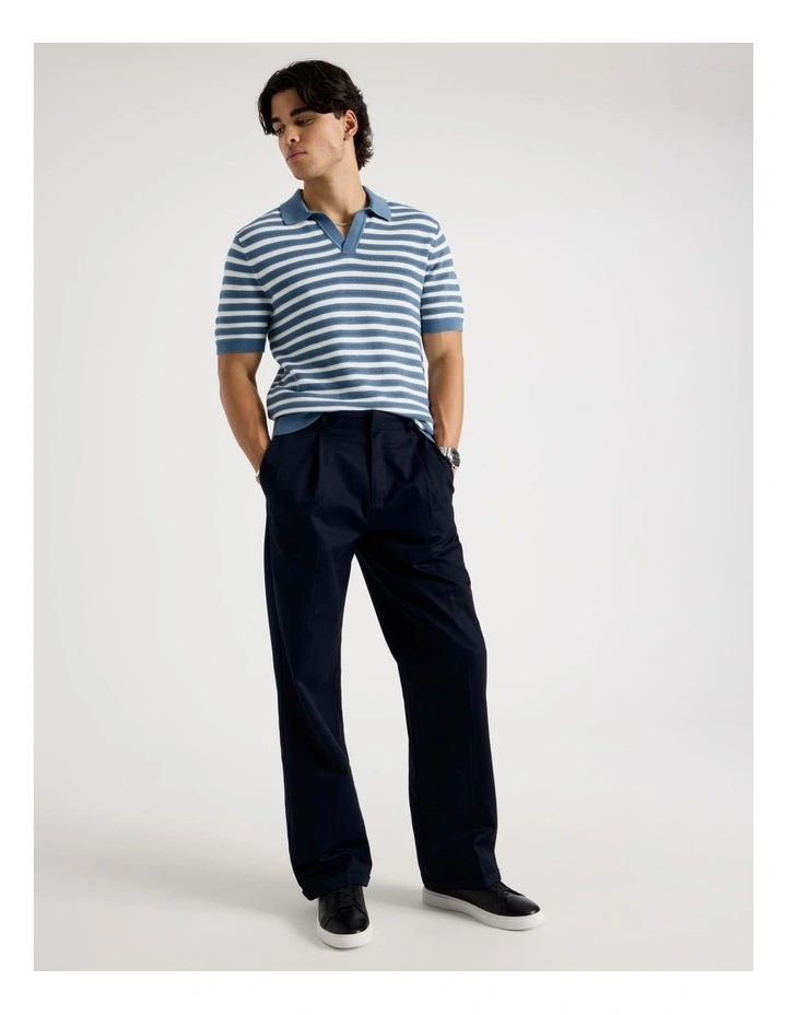 Stripe Open Collar Knit Polo in Mid Blues image 2