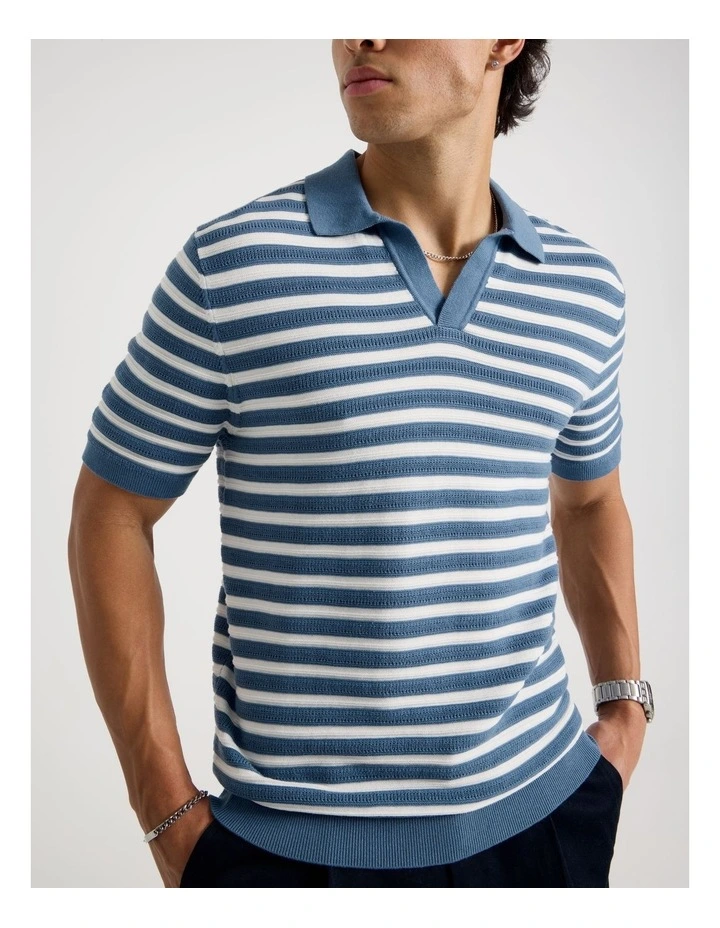 Stripe Open Collar Knit Polo in Mid Blues image 3