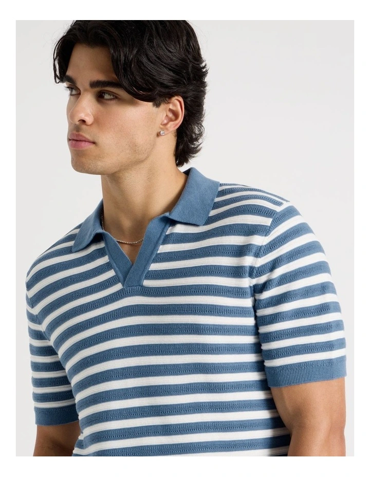 Stripe Open Collar Knit Polo in Mid Blues image 4