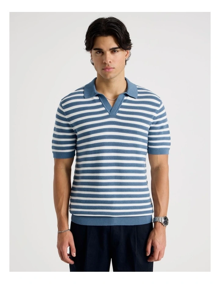 Stripe Open Collar Knit Polo in Mid Blues image 5